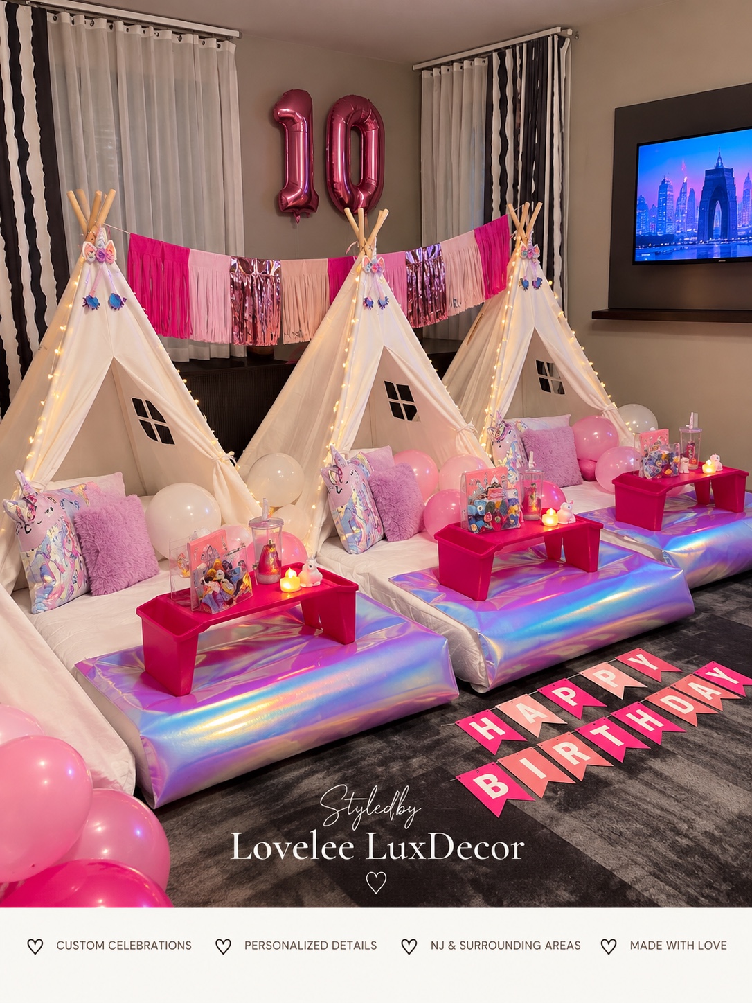 Three teepee birthday sleepover setup with pink and white décor by Lovelee LuxDecor